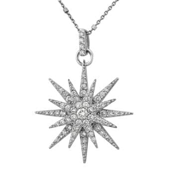 radiant starburst pendant in 14k white gold covered with diamonds